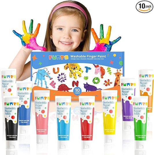 Funto Washable Finger Paint for Kids, Safe & Non-Toxic Finger Painting for Toddlers 1-3, Bath Paint, Toddler Art Painting Supplies, 10 Assorted Colors