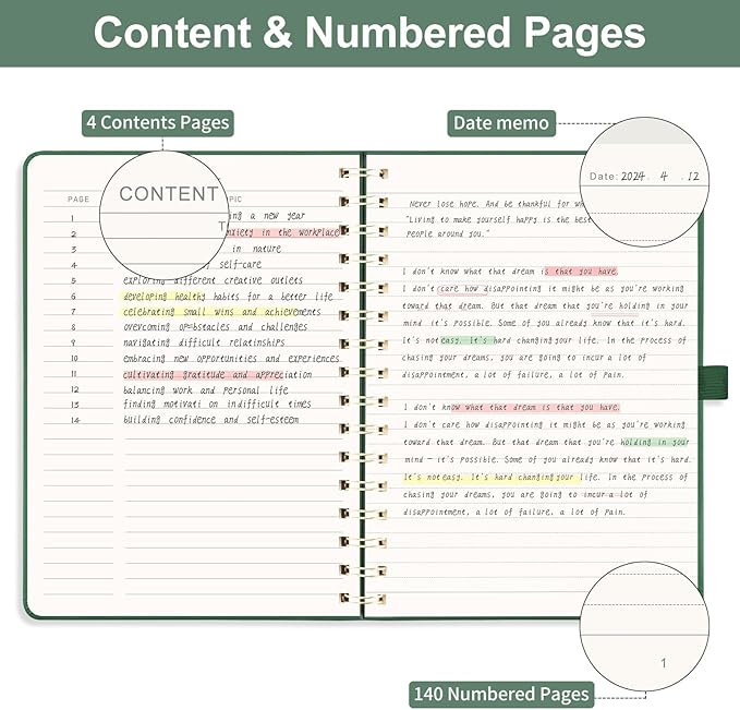 EMSHOI B5 College Ruled Spiral Notebook, Large 7.48"x10.15", 140 Numbered Pages, 100GSM Ink-Proof Faux Leather Hardcover Lay-Flat Lined Journal for Work Office School Writing, Dark Green