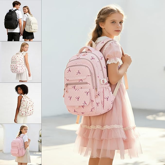 Phaoullzon Girls School Coquette Backpack for Teen Kawaii Bows Bookbag College Daypack,Pink Bow