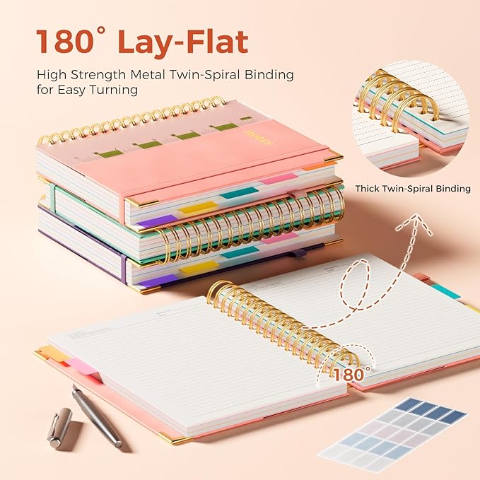 B5 Hardcover Spiral Notebook, 8"x10" College Ruled Notebooks with Removable Dividers Tabs & Ruler, 5 Subject Notebook 300 Pages, Large Lined Journal for Women Men School Work Office, Pink