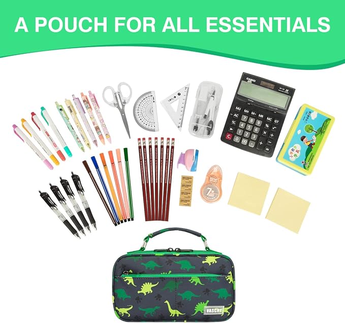 VASCHY Pencil Case for Boys, Aesthetic Kawaii Large Pencil Pouch Stationary Pencil Bag/Box for Preppy Kids, Pen Organizer Holder School Supply Black Dinos