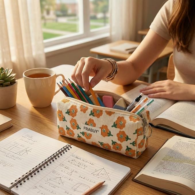 Soft Corduroy Pencil Case Pen Pouch Organizer, Small Stationery Bag | Cute beige plum blossoms pencil pouch, smooth zipper, daily cosmetics holder, compact organizer for school teen girls, women