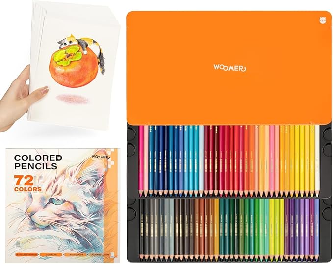 Woomer Colored Pencils with Paper: 72 Colors, 3.8mm Artists Soft Core, High Color Payoff, Not Easy to Break for Coloring Portrait Sketching Landscape, Pro72 Pack with 20 Sheet Fine-grain Paper