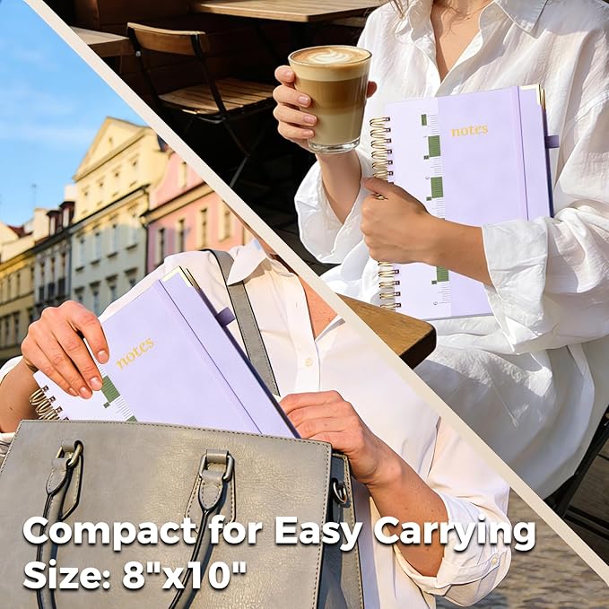 Line Hardcover Spiral Notebook with Removable Dividers Tabs & Ruler, 5 Subject Notebook College Ruled, 300 Page, Large 8"x10" B5 Notebooks for Work School, Lined Journal for Women & Men, Light Purple