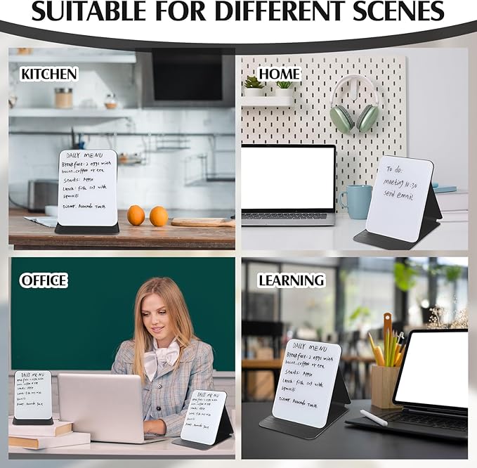 Dunzoom 2 Sets 4 Pcs Small Glass Desktop Whiteboard with Reversable Stand 8x6 Inch Mini Dry Erase White Board Easel with 2 Markers Reusable Desk Notepad for Home Office School Supplies (Black)