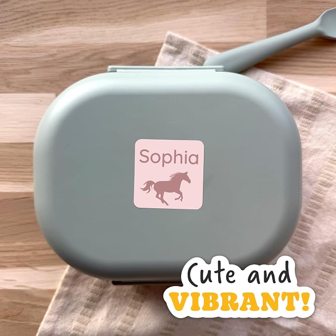 Camp Name Labels for Kids (33) – Custom Waterproof Stickers for Water Bottles, Lunch Boxes, Daycare & School with Unique Designs - Horse