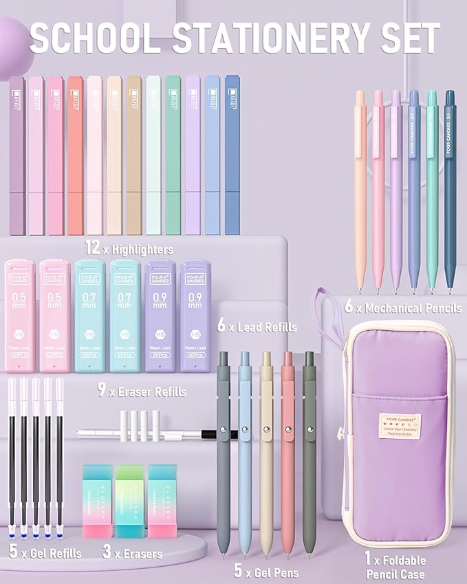 Four Candies 39 PCS Aesthetic School Supplies with Cute Pen Case, 12 Pastel Highlighters, 5 Black Ink Gel Pens, 6 Mechanical Pencils Set for Students Stationary College Essentials (Purple)