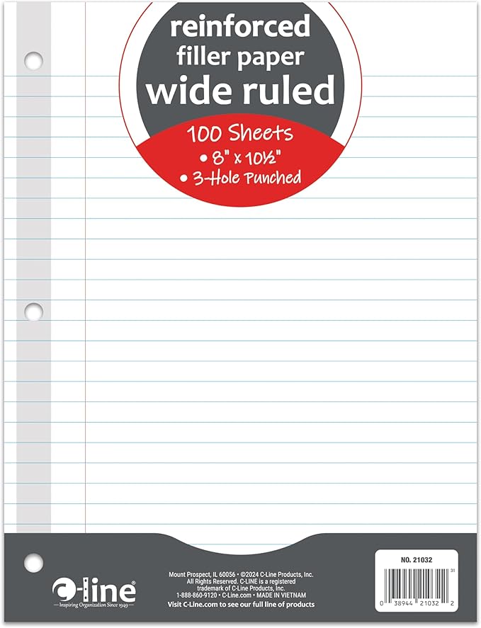 C-Line Reinforced Filler Paper, Wide Ruled, White, 100/PK (21032)