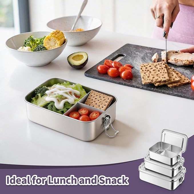 TeamFar Stainless Steel Bento Box, 3 Pack (28 & 47 & 81oz) Metal Lunch Box with 3 Compartments for Adults/Kids, Lunch Food Containers for School/Work/Meal Prep, Leak-Proof, 850ML+1400ML+2400ML