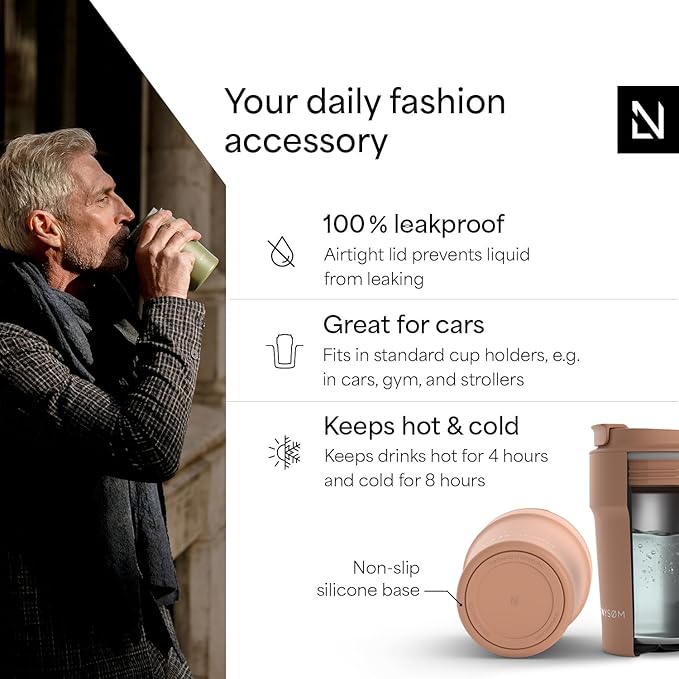 LARS NYSØM Thermo Coffee Mug to go 13oz | Travel Mug 0.38 Liter with Insulation | Silicone grip base | Leak Proof Stainless Steel Tumbler for Coffee and Tea on the Go (Powder Rose, 13oz)