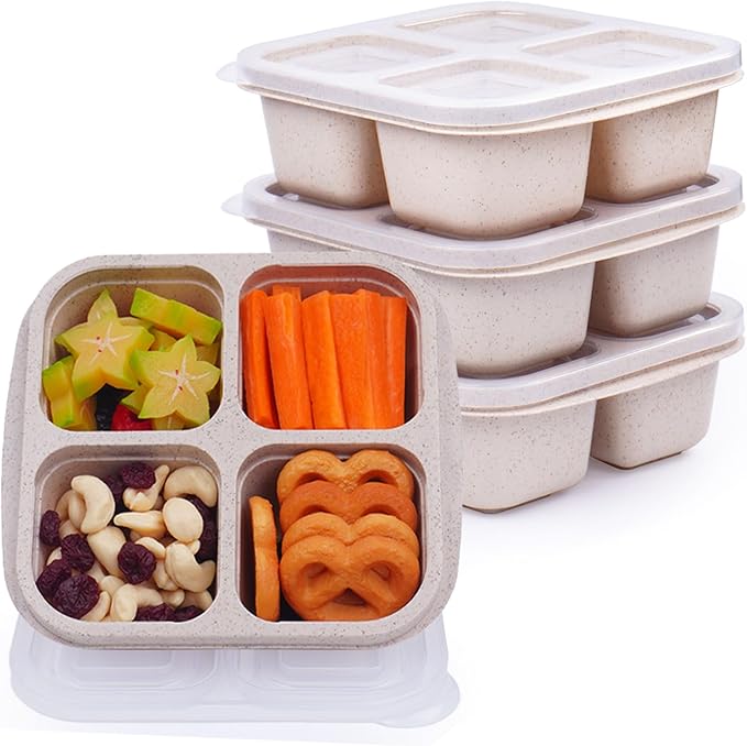 LCHLZZ 4 Pack Lunchable Snack Containers, 4 Compartments Snackle Box Container with Lids, Reusable Bento Snack Boxes for Adults, Microwave Dishwasher Safe, Food Storage Containers for Work Travel