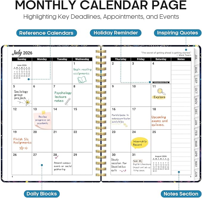 Planner 2026–2027, Academic Monthly Weekly Spiral Calendar, July 2026 – June 2027, Hardcover Agenda Notebook with Tabs, 6.3" x 8.5", Perfect for Students, Teachers, School & Daily Planning - Galactic Swirl