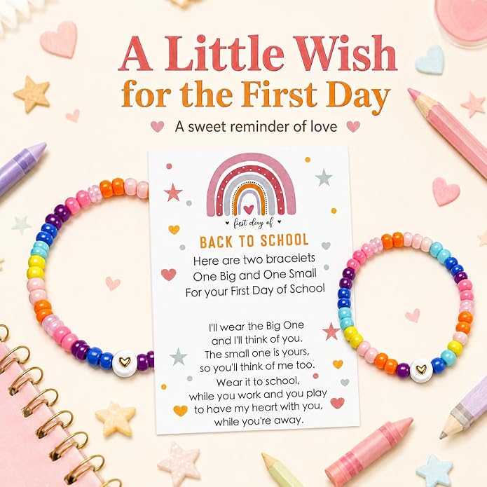 Back to School Bracelets Heart Matching Mommy and Me Elastic Wish Strings Bead Bracelets First Day of School Supplies Gifts