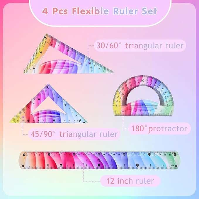 4 Pcs Flexible Rulers Set, Colorful Geometry Kit, Plastic Bendable Shatterproof Soft Rulers, Clear Ruler 30 cm/ 12 Inch, Triangle Rulers and Protractor for Back to School Supplies (12 Inch)