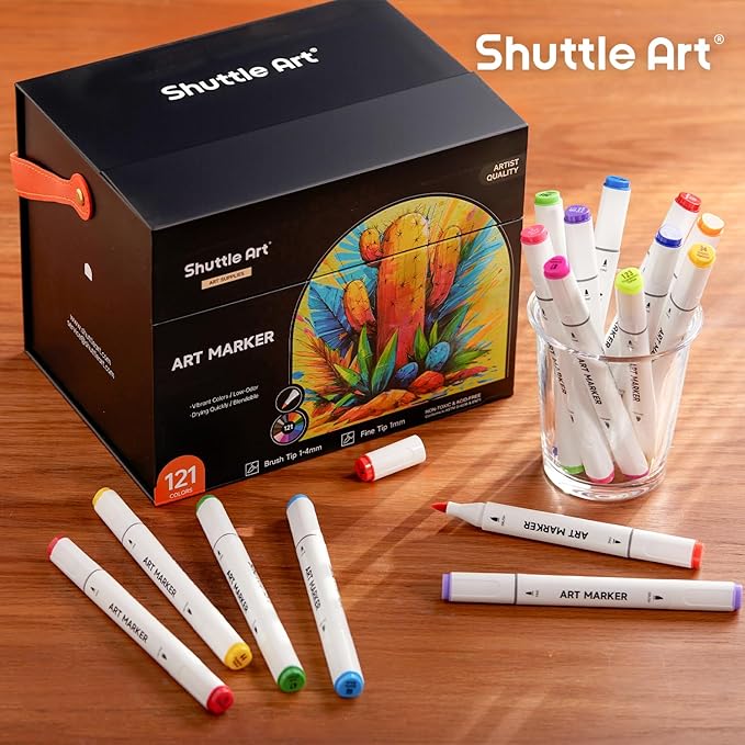 Shuttle Art Brush Tip Alcohol Markers, Dual Tip Brush & Fine Tip Art Marker Set, 121 Colors Marker Pens with Organized Case Perfect for Illustration Students Adults Coloring Sketching