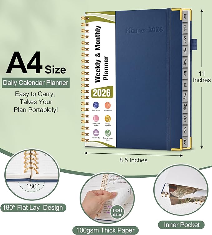 2026 Planner, Hardcover Leather Weekly and Monthly Planner, January 2026 - December 2026, Spiral Yearly Agenda Organizer Book 2026 with Tabs, Daily Calendar Planners for School Work Home, A4 (8.5" x 11"), Navy