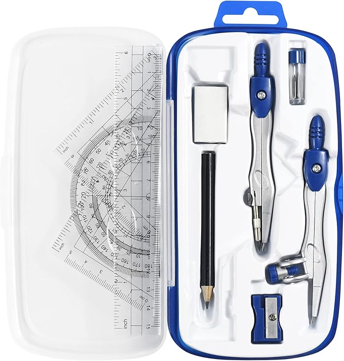 Unjoo Math Geometry Kit Sets 10 Piece Student Supplies with Shatterproof Storage Box,Includes Rulers,Protractor,Compass,Eraser,Pencil Sharpener,Lead Refills,Pencil,for Drafting and Drawings（Navy blue）