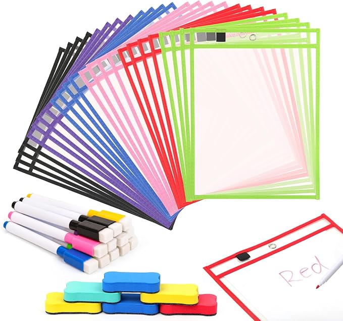 24 Pack Dry Erase Pocket Reusable Sleeves 10" x 14" Clear Plastic Sheet Protectors with Dry Erase Markers and Mini Sleeves Paper Teacher Supplies
