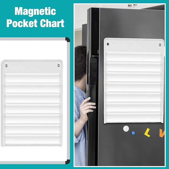 Outus 4 Pcs Magnetic Pocket Chart Standard Classroom with 40 Pcs Dry Erase Cards for Daily Schedule Class Demonstrations Office Home Activities (White)
