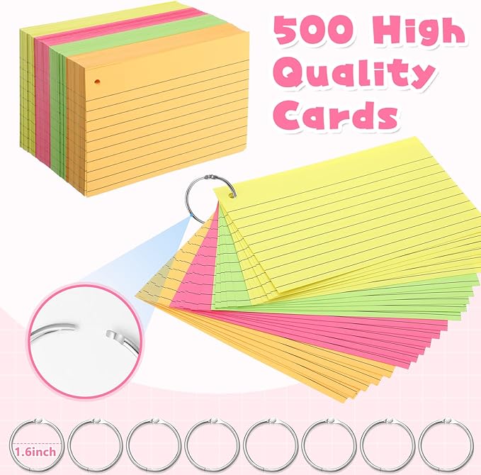 Yexiya 500 Pcs Index Cards with Rings Study Supplies Punched Lined Flash Cards with Holes Ruled Single Hole Notes and Metal Rings for Adults Office(4 x 6 Inch,Fresh Color)
