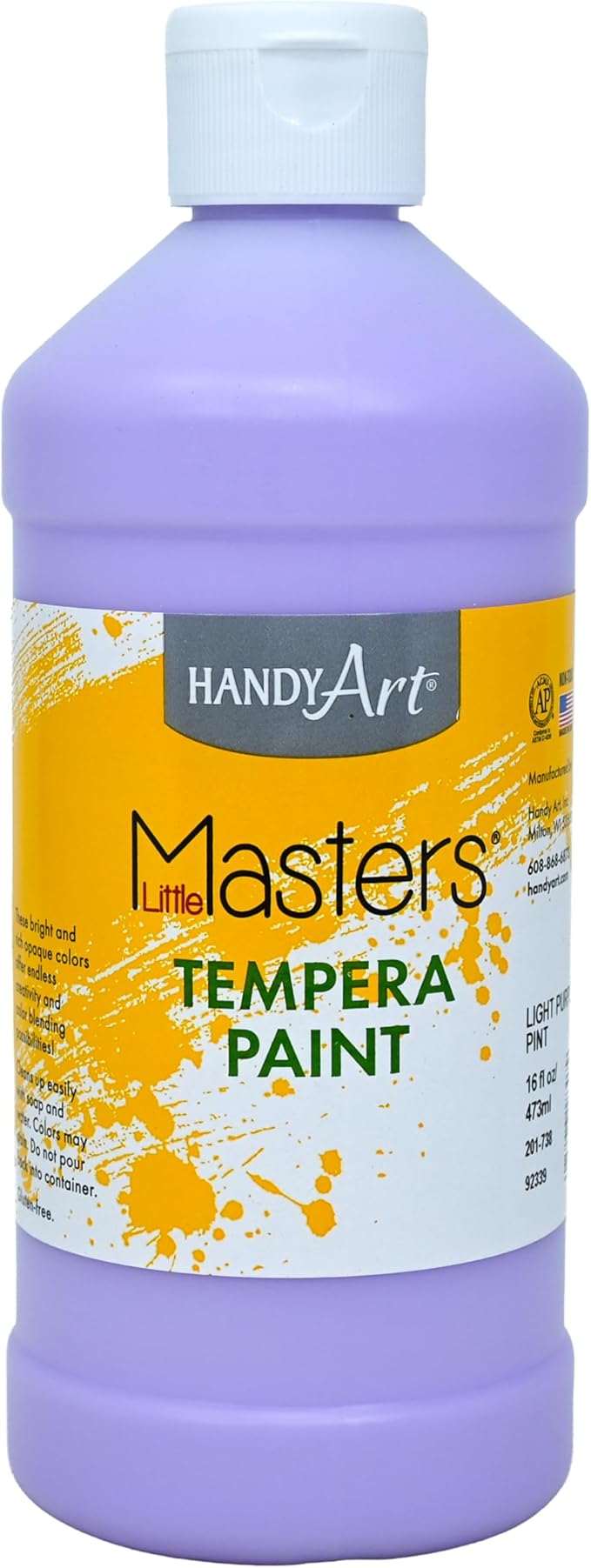 Handy Art Little Masters Tempera Paint, Light Purple, 16 oz Bottle, Bright & Mixable, High Opacity, Washable Colors for Classroom, Students, Kids, Young Artists, Safe & Non-Toxic, Made in USA