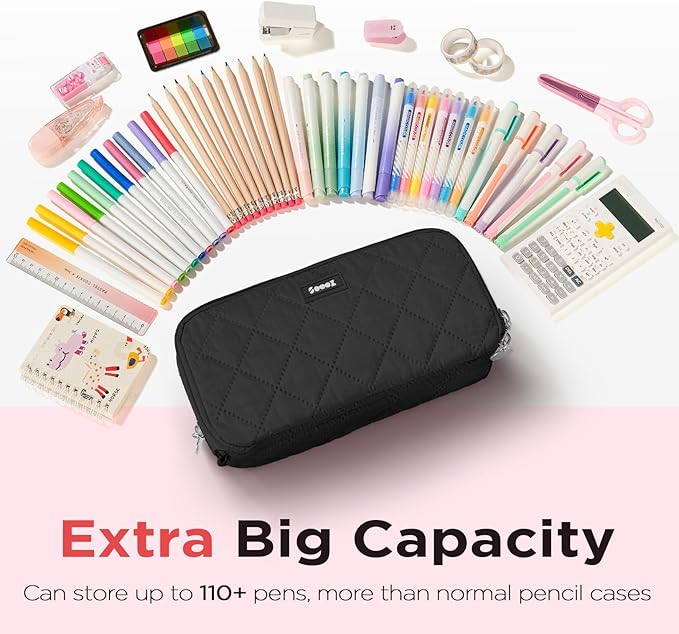 Sooez Large Pencil Case Pouch, Extra Big Pencil Bag with 8 Compartments, Pen Bag Wide Opening, Soft Quilted Pencil Pouch Organizer with Zipper, Portable Pencil Case for Teen Girls, Black