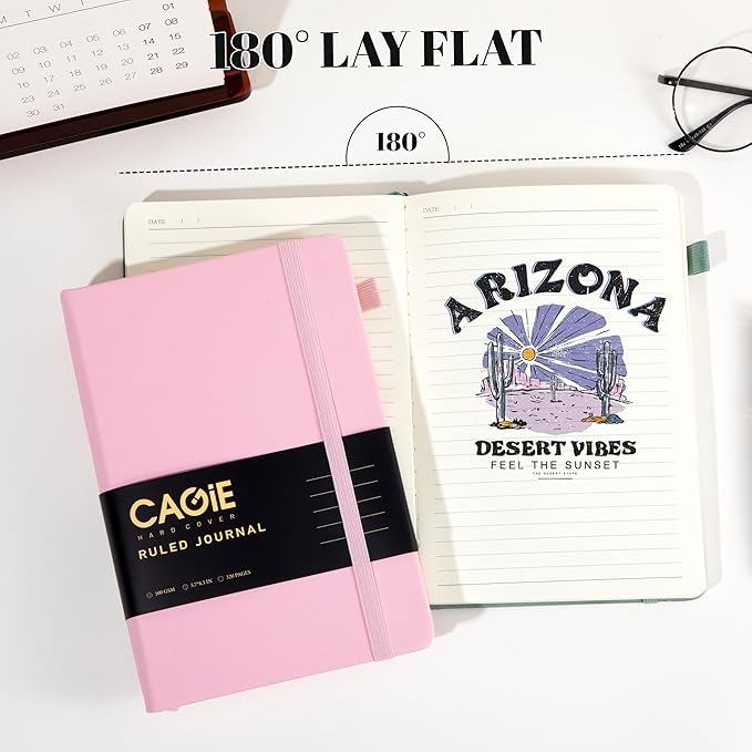 CAGIE Pink Journal Notebook for Women, 320 Pages College Ruled Notebook, 100 Gsm Paper Thick Lined Journal, A5 Hardcover Leather Journals for Writing, 5.7x8.3 In