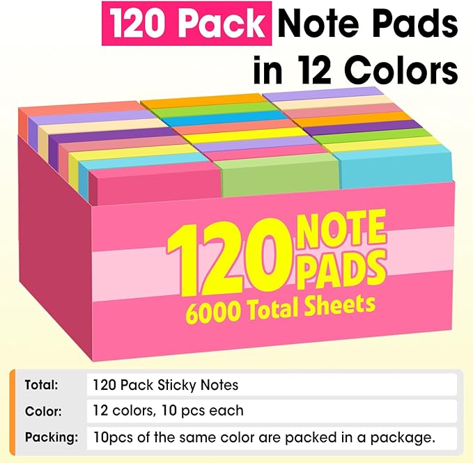 120 Pads Sticky Notes 3x3, Self-Stick Pads Bulk Bright Colors, School Supplies, Office Products, 50 Sheet/Pad