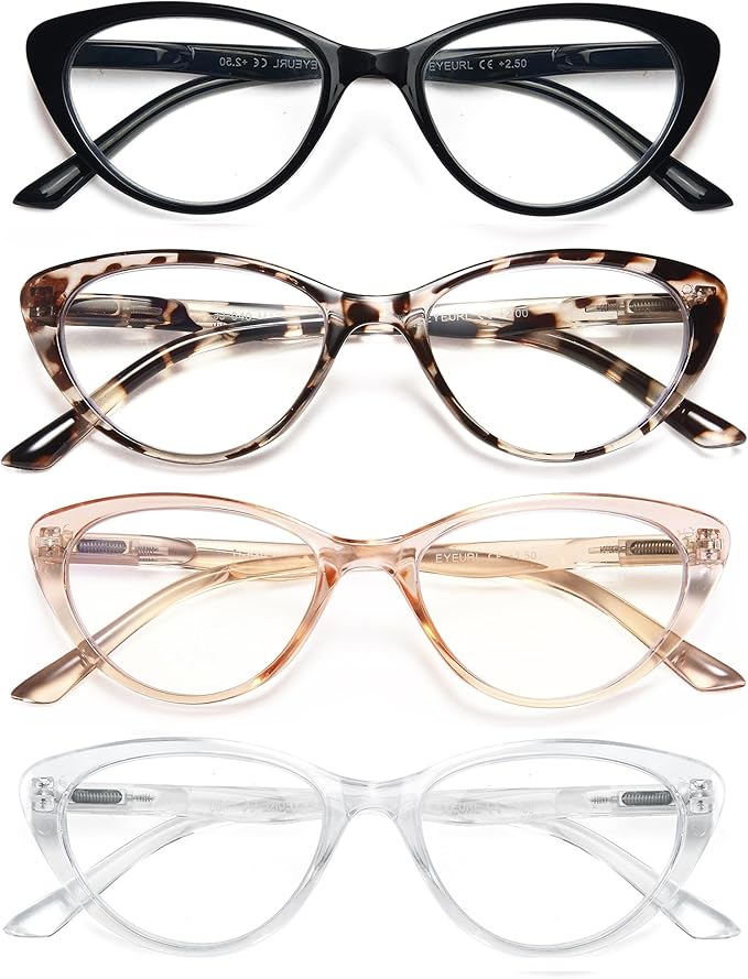 EYEURL 4-Pack Cat Eye Reading Glasses for Women- Blue Light Blocking Readers with Spring Hinges,Anti-Glare Reading Glasses,3.5