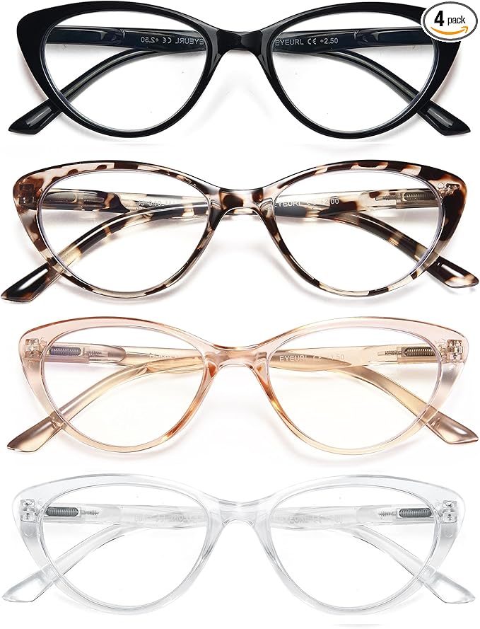 EYEURL 4-Pack Cat Eye Reading Glasses for Women- Blue Light Blocking Readers with Spring Hinges,Anti-Glare Reading Glasses,1.25