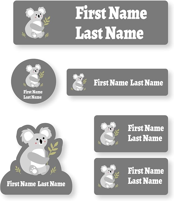 Personalized Kids Name Labels – Waterproof Custom Stickers for Daycare & School, Dishwasher & Laundry Safe (Koala - Grey)