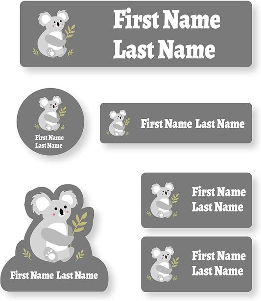 Personalized Kids Name Labels – Waterproof Custom Stickers for Daycare & School, Dishwasher & Laundry Safe (Koala - Grey)
