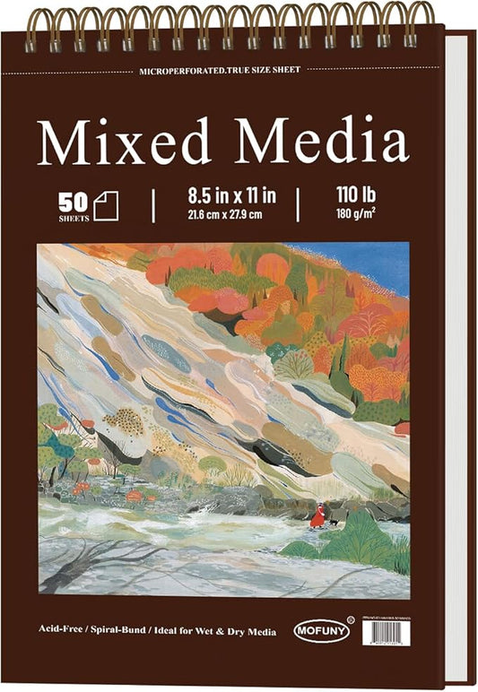 Mofuny Mixed Media Sketchbook 8.5 x 11, 50 Sheets - 110lb/180gsm Painting Paper Pad | Paint Paper for Acrylic Painting, Watercolor Notebook, Gouache, Oil, and Colored Pencils, Art Supplies for Adults.