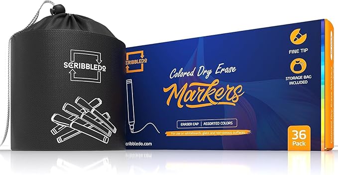 Scribbledo 36-Pack Black Fine Tip Dry Erase Markers with Eraser Cap | Low-Odor Whiteboard Markers for Office, Workplace & Professional Use