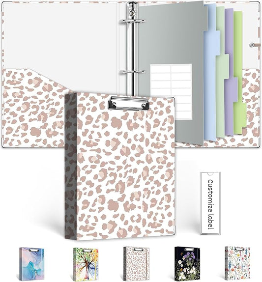 Mini 3 Ring Binder 1 Inch for 5.5"x8.5" Paper, Cute Small Three Ring Binders with Clipboard,5-Tab Dividers, Interior Pocket, Spine ID Label Holder, BVSSX A5 Binder with Pen Holder,Leopard