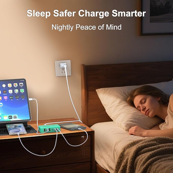 [2026 Upadated] 130W Charging Station 6-Port Type C Fast Charger Block Charging Station Multiport Adpater for iPhone 17/16/15/14/13/Pro Max/Plus iPad mini/Pro Galaxy S26/S25 5ft Power Cord-Blue