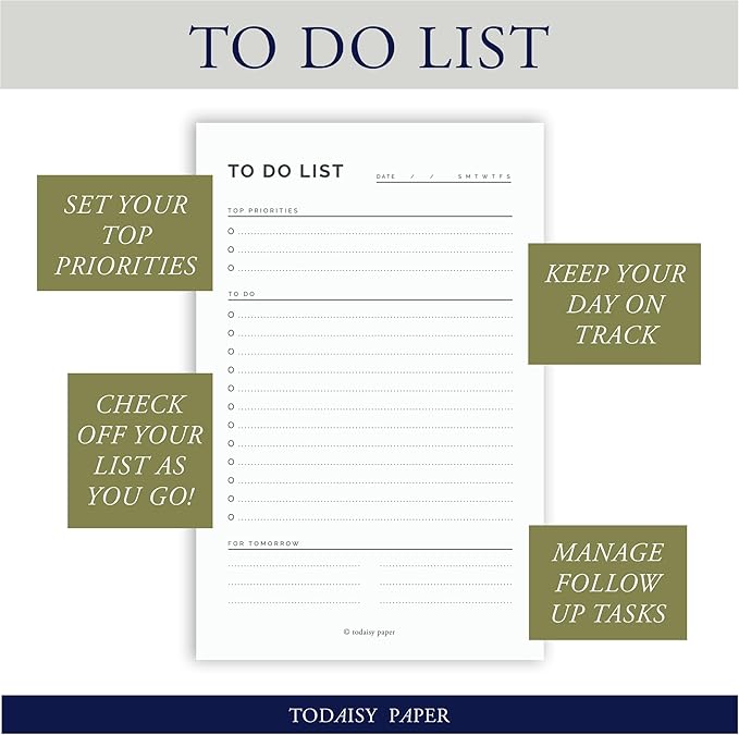To Do List Planning Pad 5.5 x 8.5" Notepad with Task Organizer includes sections for Top Priorities, To Do List and Follow up For Tomorrow. 50 tear off sheets by Todaisy Paper.