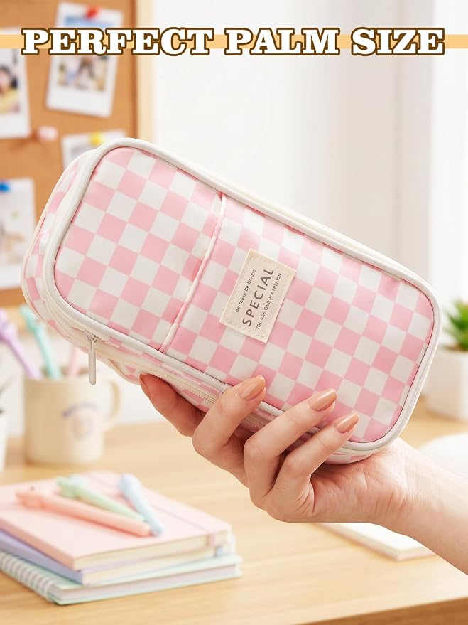 Bigmeta Gingham Expandable Pencil Case for Teens Girls - Pink | Zipper Gusset for Adjustable Capacity, Checkered Cute Pencil Pouch, Stationery Bag Box for Student Back to School Gifts