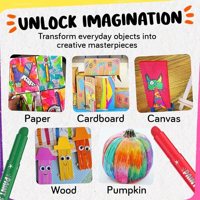 24 Thin Tempera Paint Sticks for Kids Washable (Coloring Book incl) | Non-Toxic Markers for Toddlers 1-3 | Works on Paper, Canvas, Wood, Cardboard - Painting Crayons, Art and Craft Supplies