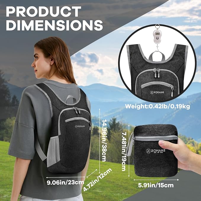 ZOMAKE Lightweight Packable Backpack, 10L Small Foldable Daypack for Hiking | Water Resistant Collapsible Backpacks for Women Men, Everyday Carry, Multi Compartment Storage, Adjustable Strap(Black)