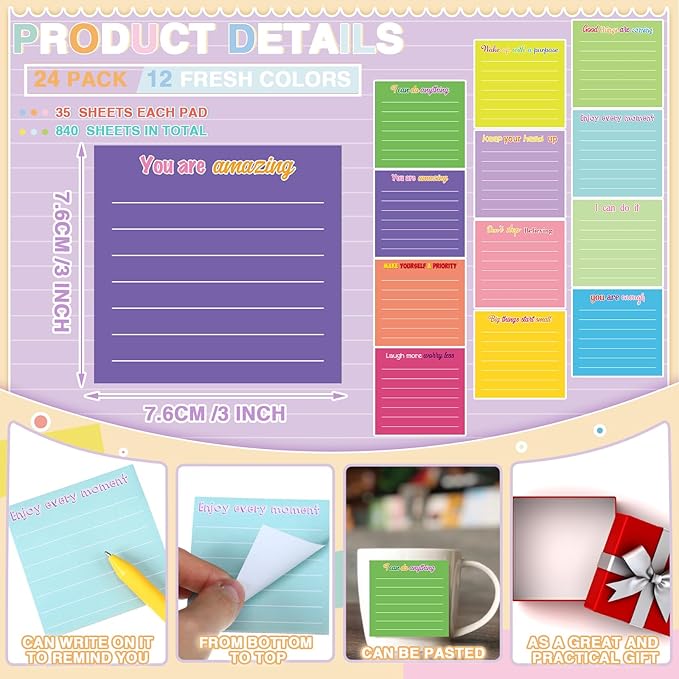 Yinder 24 Pcs Inspirational Sticky Notes Cute Motivational Sticky Notes Pad End of Year Employee Appreciation Gifts Bulk for Teacher Nurse Coworkers Office Supplies 3 x 3'' (Inspirational,Dark Color)