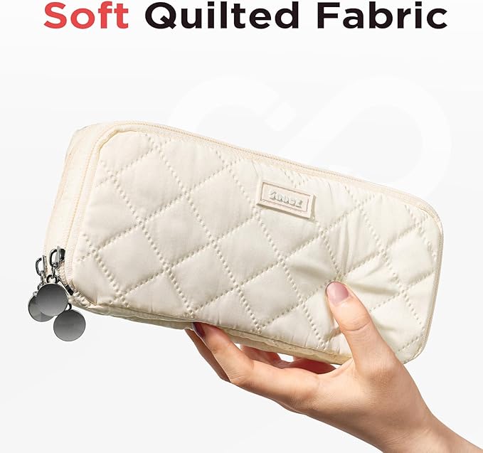 Sooez Large Pencil Case Pouch,Extra Big Pencil Bag with 8 Compartments,Pen Bag Wide Opening,Soft Quilted Pencil Pouch Organizer with Zipper,Portable Pencil Case for Teen Girls,Beige