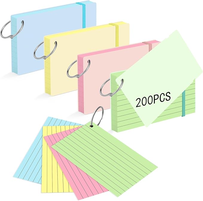 HAUTOCO 200 PCS Colored Index Cards 3x5 with Rings, Ruled Flashcards with Waterproof Covers, 4 Colors Note Cards for Studying, Vocabulary, Recipes, Office & School