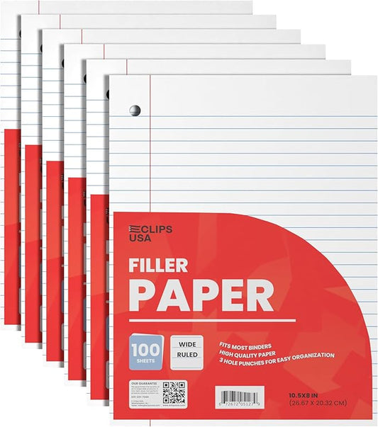 Wide Ruled Loose Leaf Paper Wide Ruled Notebook Paper Lined Writing Filler Paper 10.5” x 8” 56 gsm 600 Sheets 100 Sheet Per Pack (6 Pack)