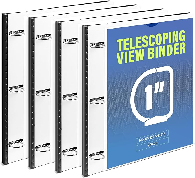 WOT I 1 Inch Telescoping 3 Ring Binder 4 Pack, Expandable Flexible Binder with Customizable Front Cover & Clear Catalog Pocket, Holds 8.5"x11" Paper, School Office Supplies, White