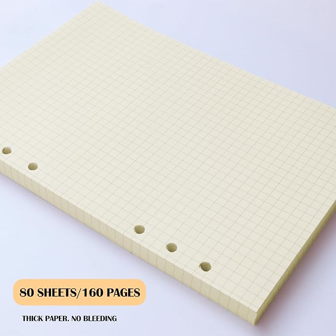 A5 Grid Filler Paper, 6-Hole Punched, 100GSM Graph Rule Paper/Quad Rule Filler Paper/Planner Inserts for Planners, Painting, and Bullet Journals,80 Sheets/160 Pages
