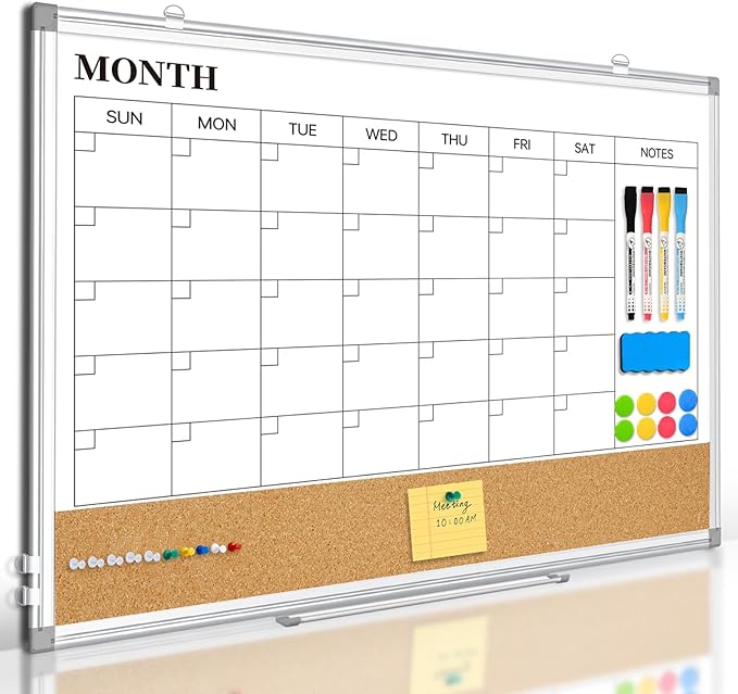 Large Dry Erase Calendar for Wall, 36"x24" Double-Sided Magnetic Whiteboard Calendar with Cork Board, Aluminum Frame Monthly White Board Memo Message Board for Office, Home, School, Kitchen