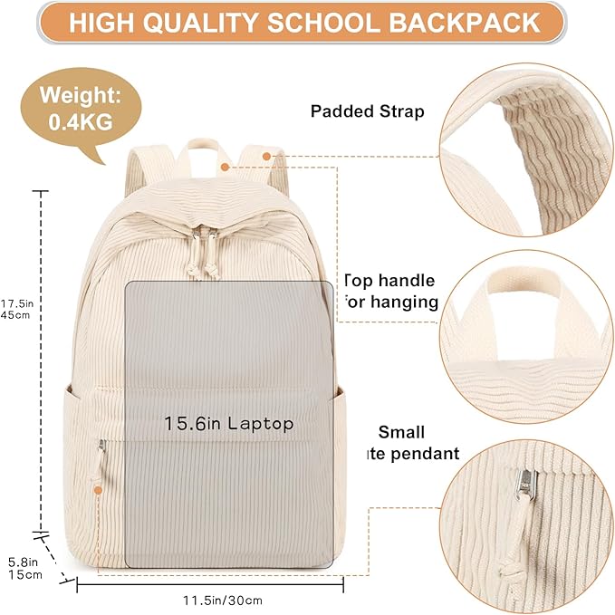BTOOP School Backpack for Teens Large Corduroy Bookbag Lightweight 15.6 inch Laptop Bag for Girls Women Casual High School College