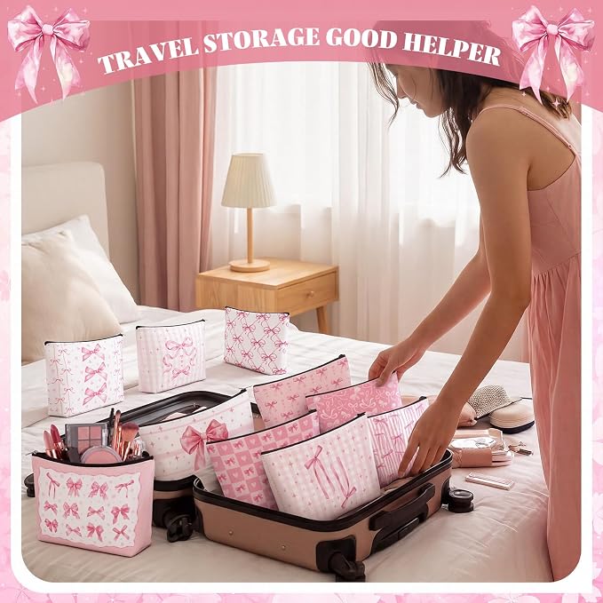 Reginary 24 Pcs Pink Bow Makeup Bags Coquette Bow Cosmetic Bags with Zippers Coquette Party Favors Pink Aesthetic Elegant Pouch Bulk Gifts for Women Stuff Christmas Birthday Supplies Travel Accessory