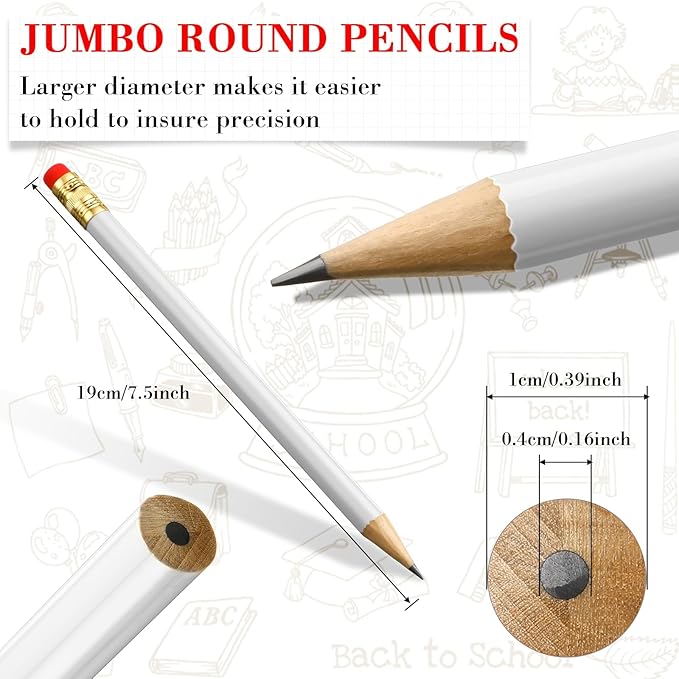 Fainne 48 Pcs Jumbo Pencil, Wooden Pencil with Black Core for Carpenters Construction Workers Woodworkers Framers Beginners Students Teachers DIY Project(White,Round)